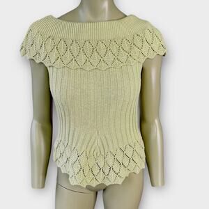 Cato Vintage Crochet Sleeveless Ribbed Knit Sweater Bertha Collar Size S Tan
